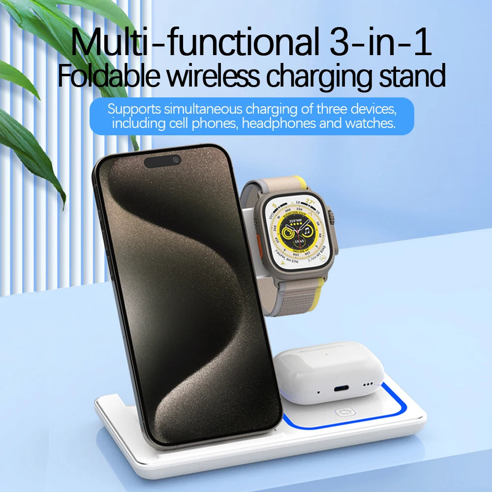 LED Fast Wireless Charger Stand 3 in 1 Foldable